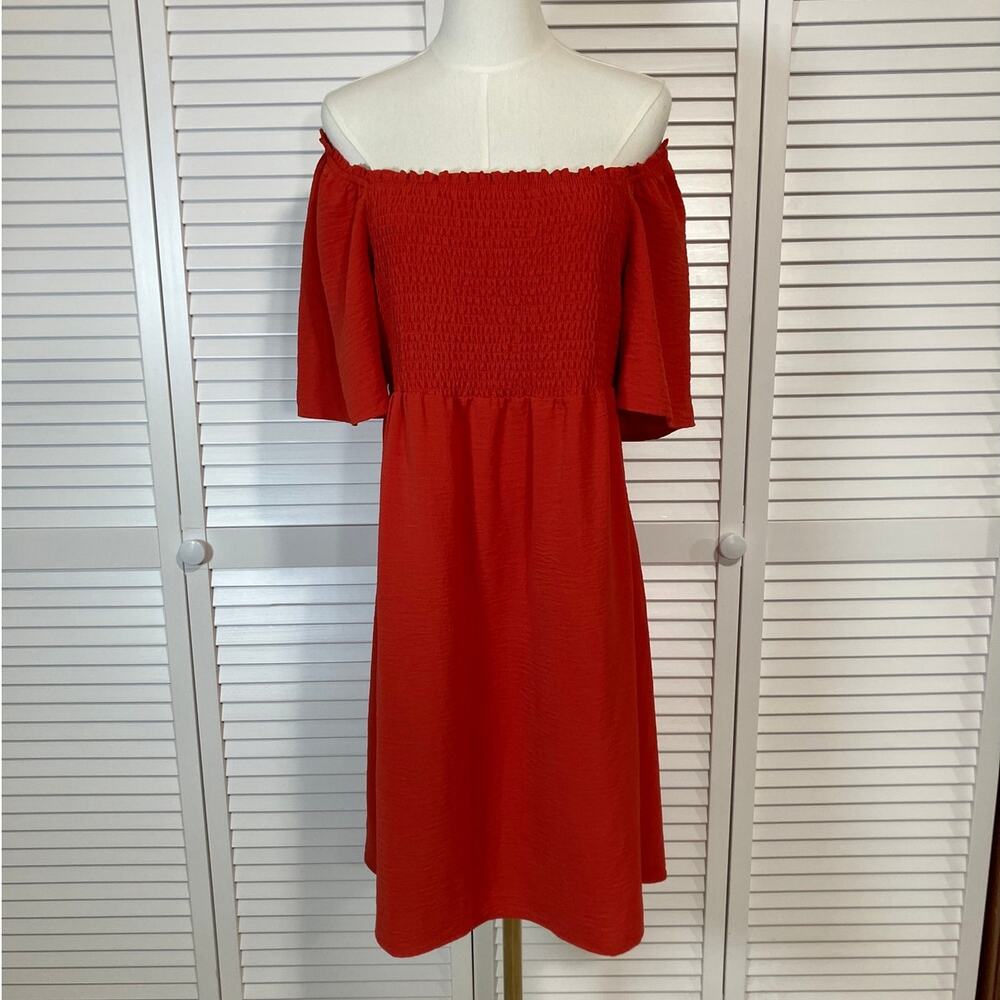 Olivia & Martin Retro Red Smocked Flutter Sleeve Boho A-line Midi Dress M